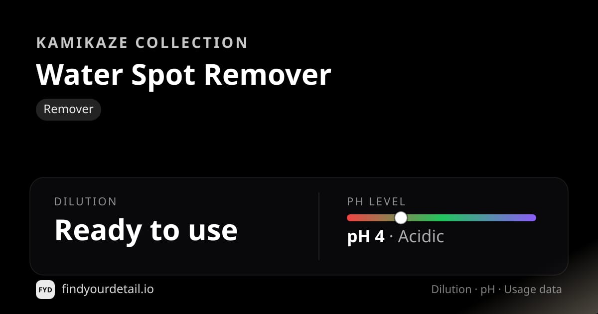 Kamikaze Collection Water Spot Remover dilution ratio and pH specification chart
