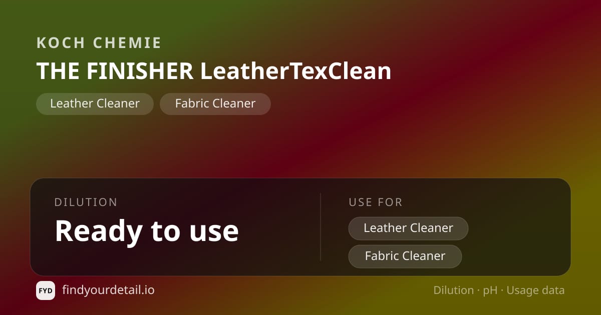 Koch Chemie THE FINISHER LeatherTexClean dilution ratio and pH specification chart