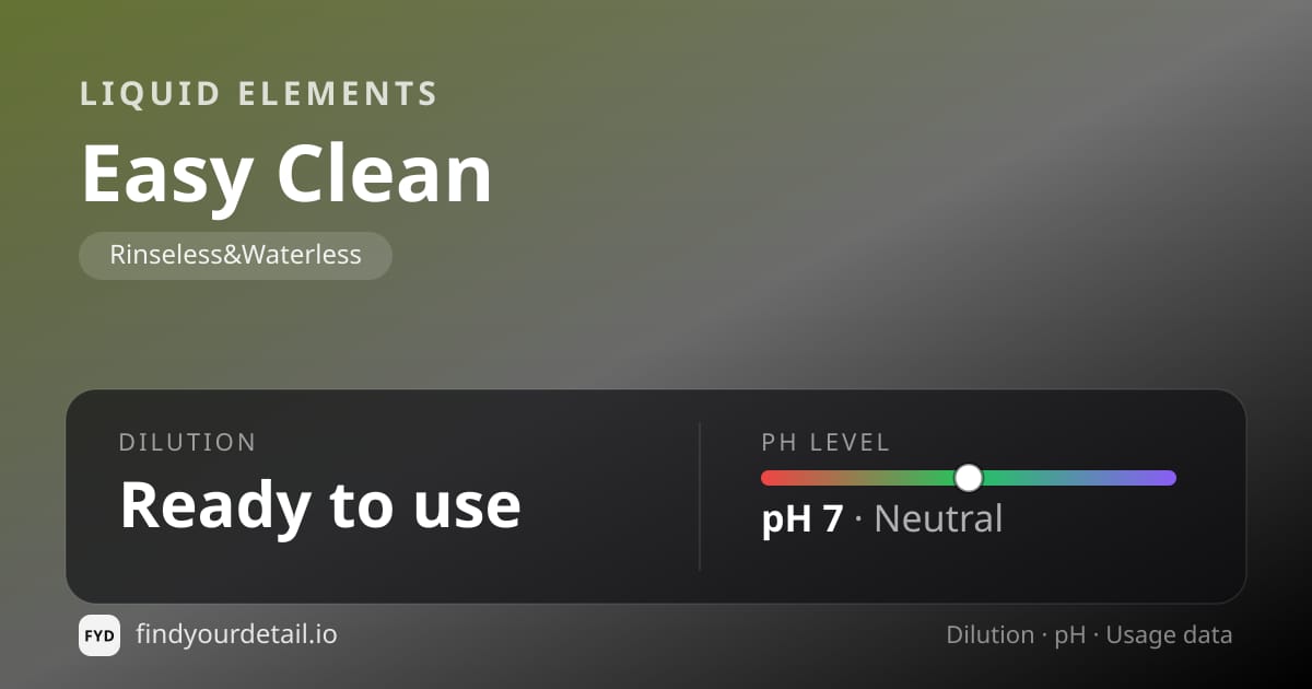 Liquid Elements Easy Clean dilution ratio and pH specification chart