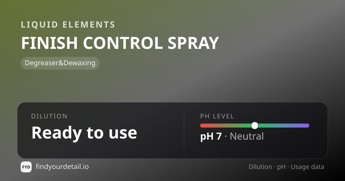 Liquid Elements FINISH CONTROL SPRAY dilution ratio and pH specification chart