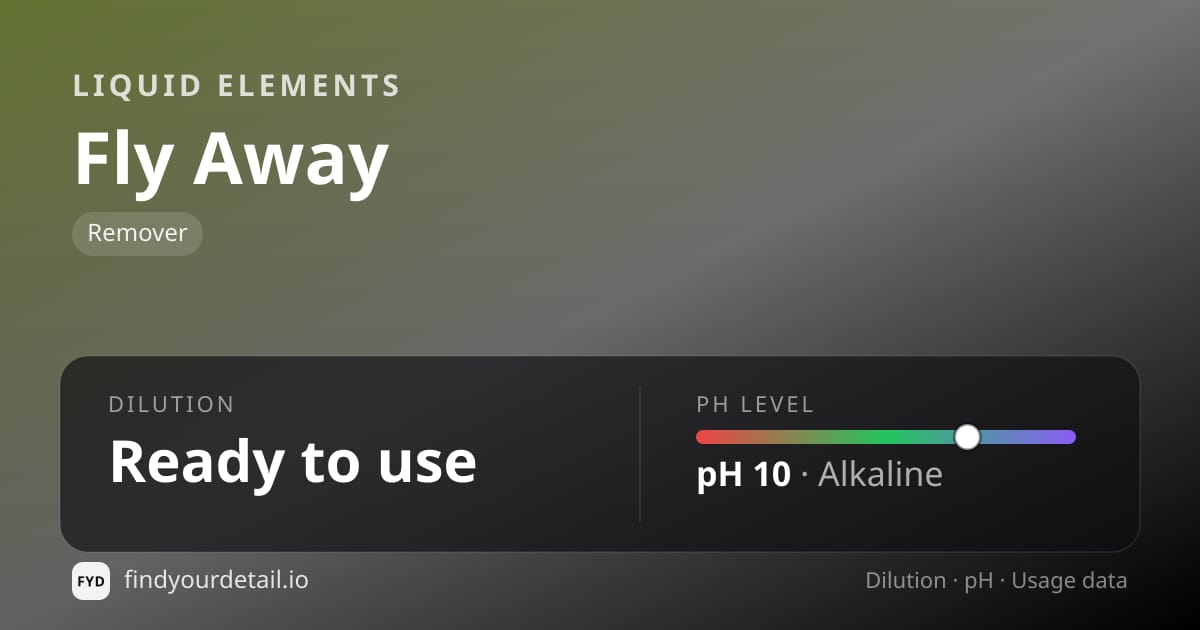 Liquid Elements Fly Away dilution ratio and pH specification chart
