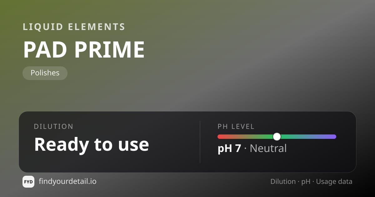 Liquid Elements PAD PRIME dilution ratio and pH specification chart