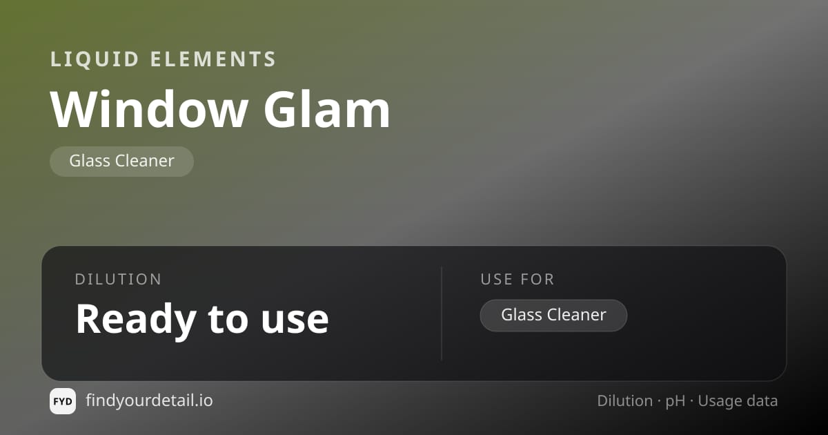 Liquid Elements Window Glam dilution ratio and pH specification chart
