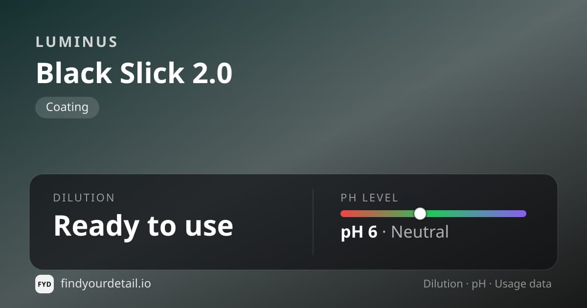 Luminus Black Slick 2.0 dilution ratio and pH specification chart