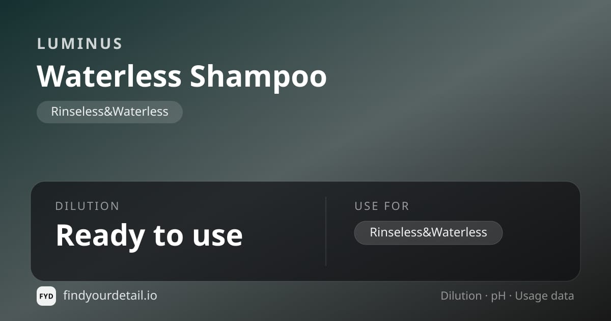 Luminus Waterless Shampoo dilution ratio and pH specification chart