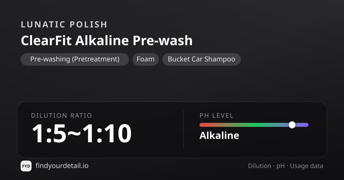 Lunatic Polish ClearFit Alkaline Pre-wash dilution ratio and pH specification chart