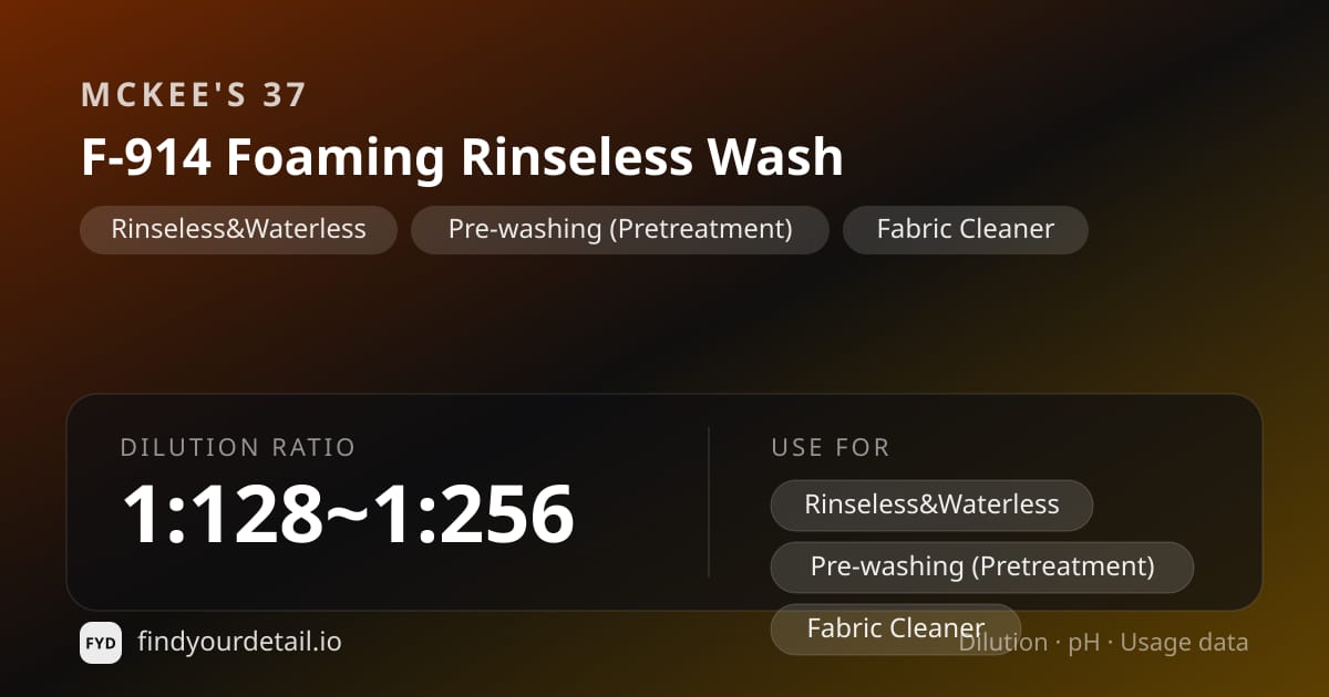 McKee's 37 F-914 Foaming Rinseless Wash dilution ratio and pH specification chart