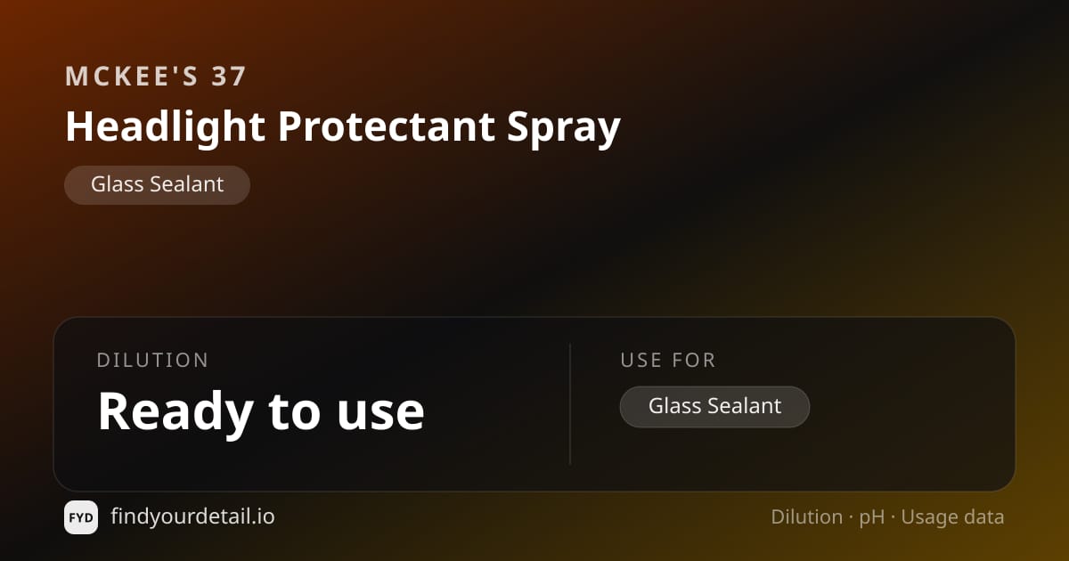 McKee's 37 Headlight Protectant Spray dilution ratio and pH specification chart
