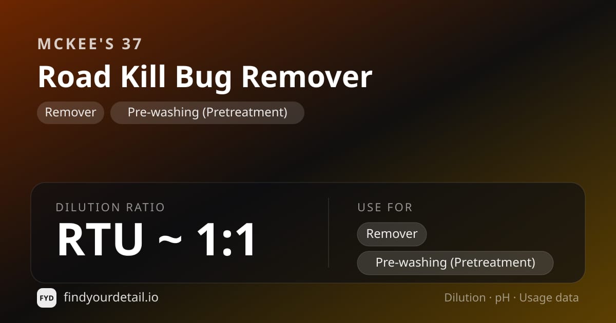 McKee's 37 Road Kill Bug Remover dilution ratio and pH specification chart
