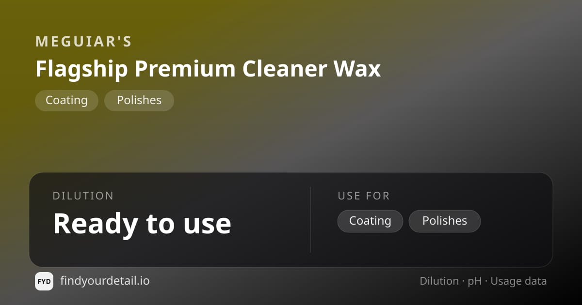 Meguiar's Flagship Premium Cleaner Wax dilution ratio and pH specification chart