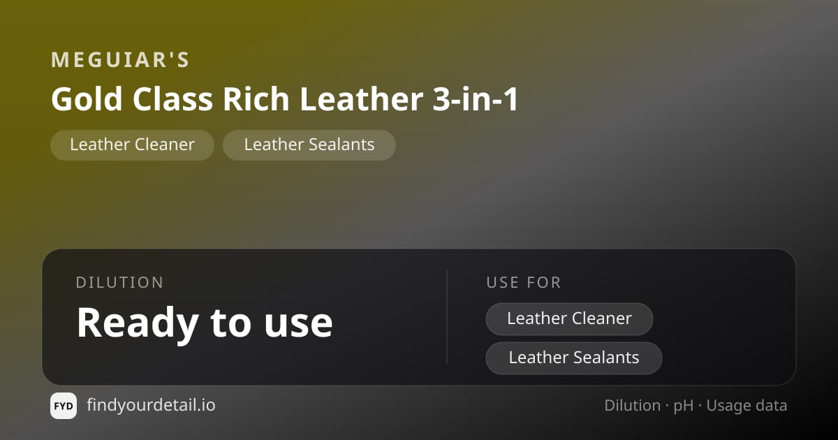 Meguiar's Gold Class Rich Leather 3-in-1 dilution ratio and pH specification chart