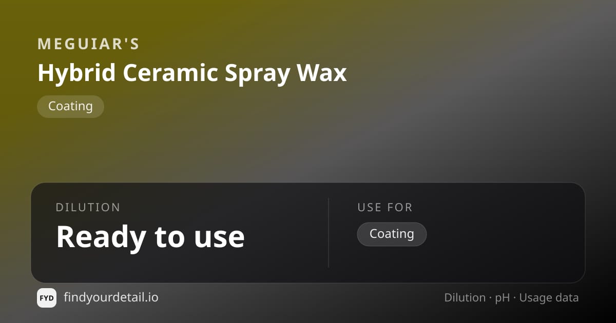 Meguiar's Hybrid Ceramic Spray Wax dilution ratio and pH specification chart