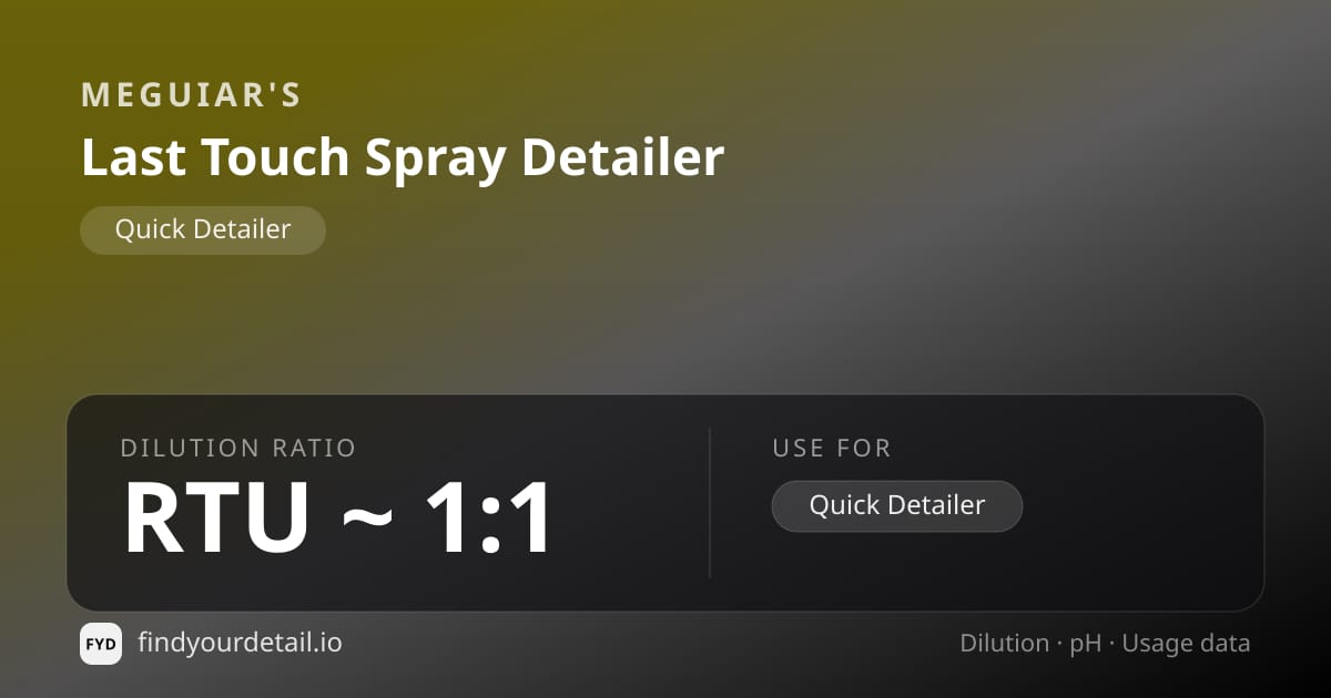 Meguiar's Last Touch Spray Detailer dilution ratio and pH specification chart