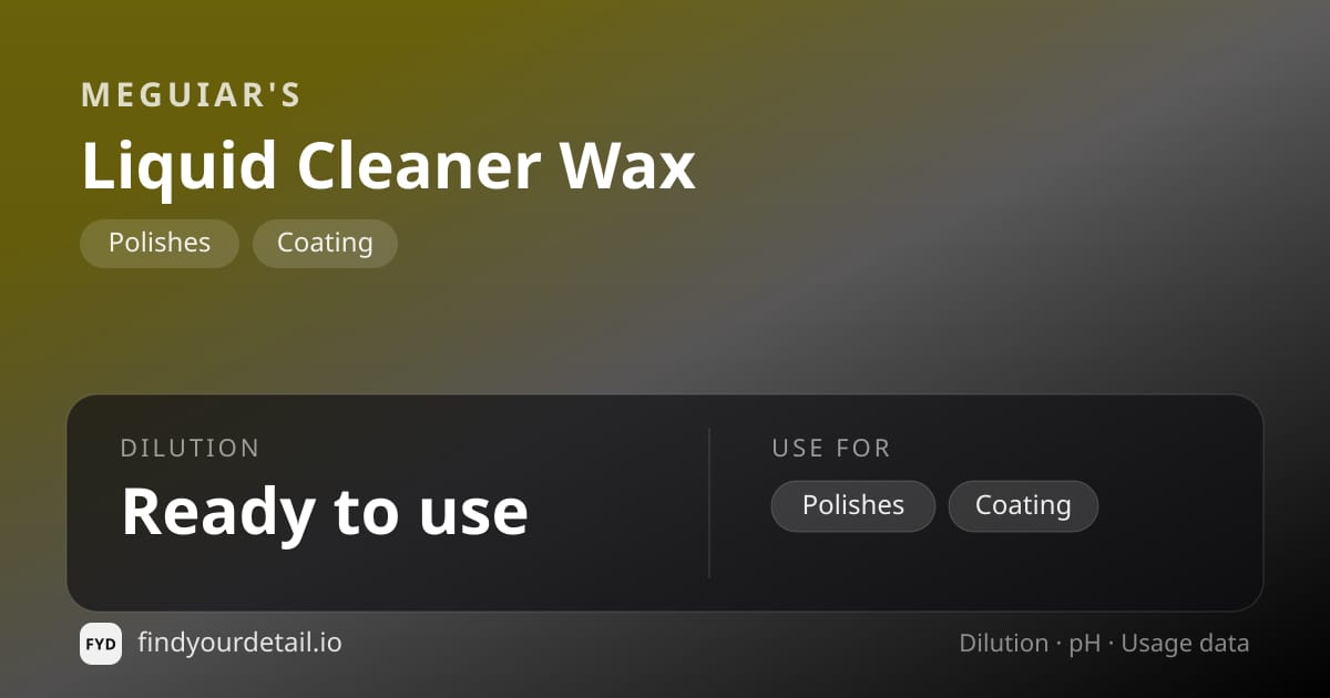 Meguiar's Liquid Cleaner Wax dilution ratio and pH specification chart