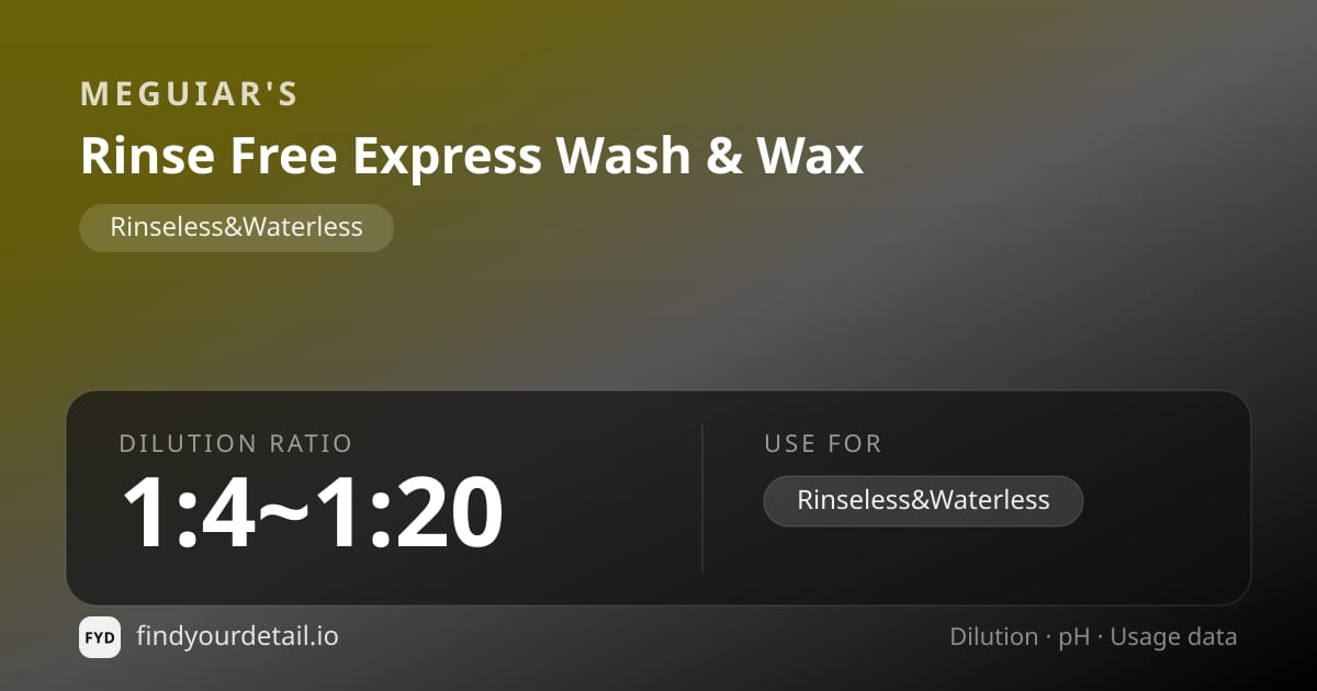 Meguiar's Rinse Free Express Wash & Wax dilution ratio and pH specification chart