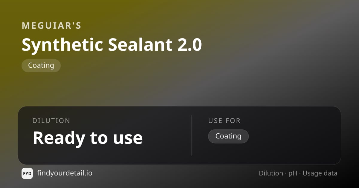 Meguiar's Synthetic Sealant 2.0 dilution ratio and pH specification chart