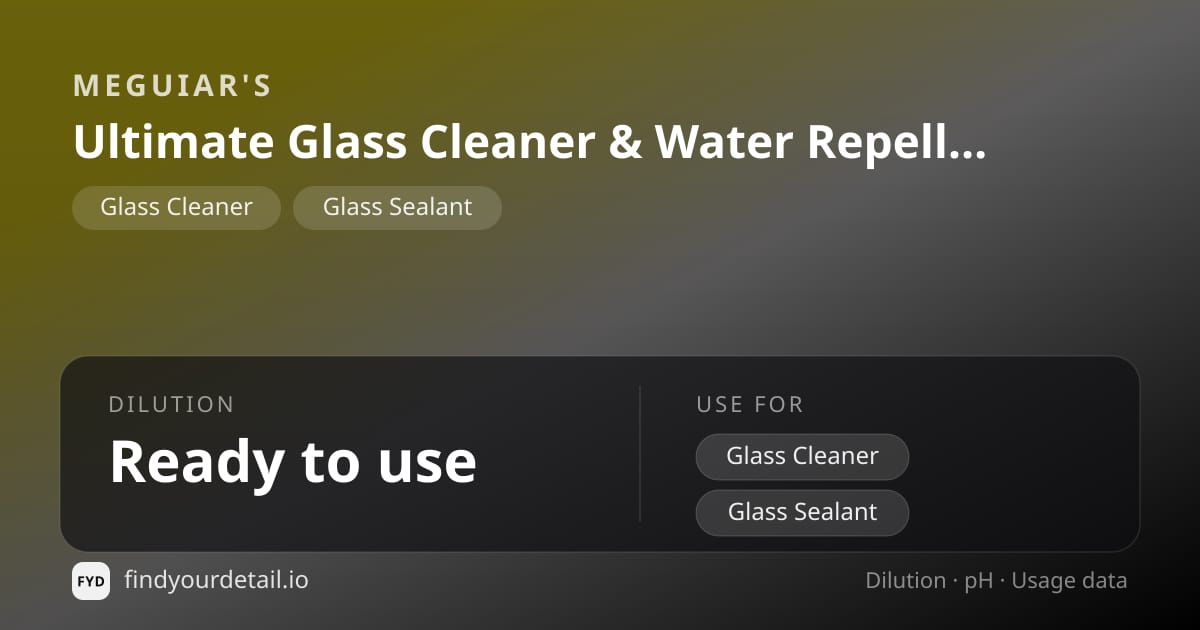 Meguiar's Ultimate Glass Cleaner & Water Repellent dilution ratio and pH specification chart