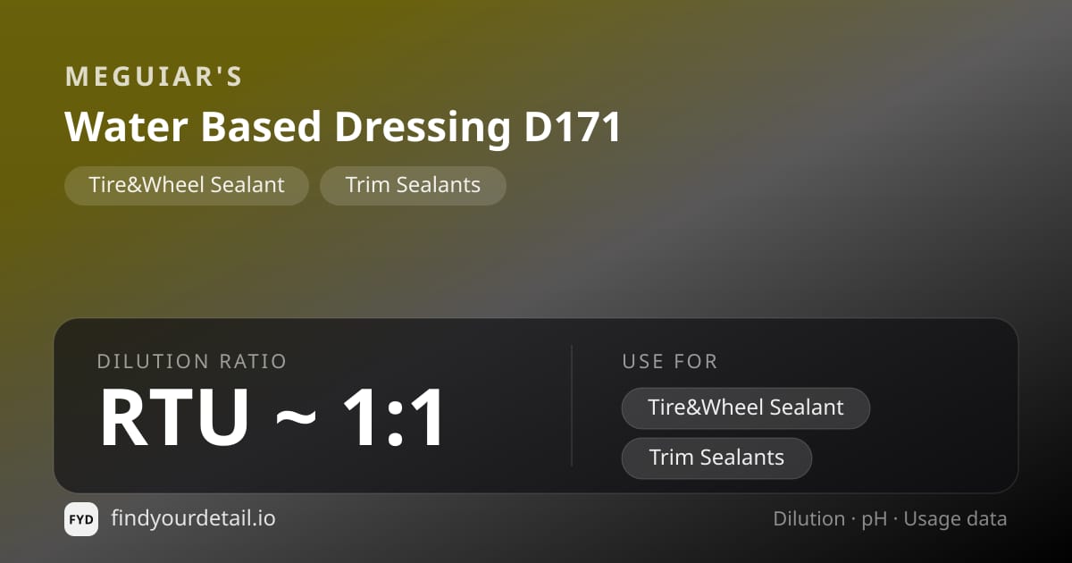 Meguiar's Water Based Dressing D171 dilution ratio and pH specification chart