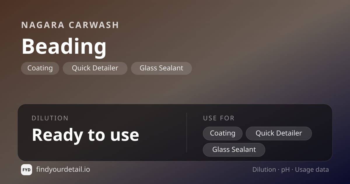 Nagara Carwash Beading dilution ratio and pH specification chart