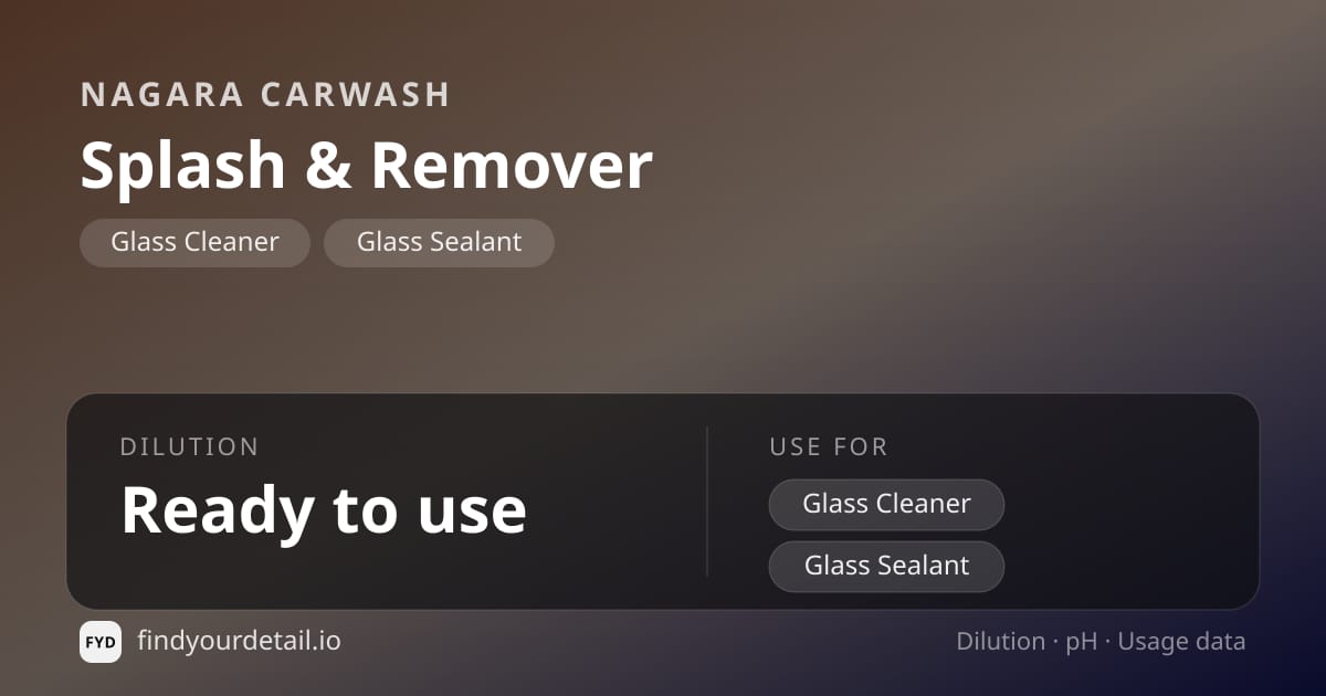 Nagara Carwash Splash & Remover dilution ratio and pH specification chart