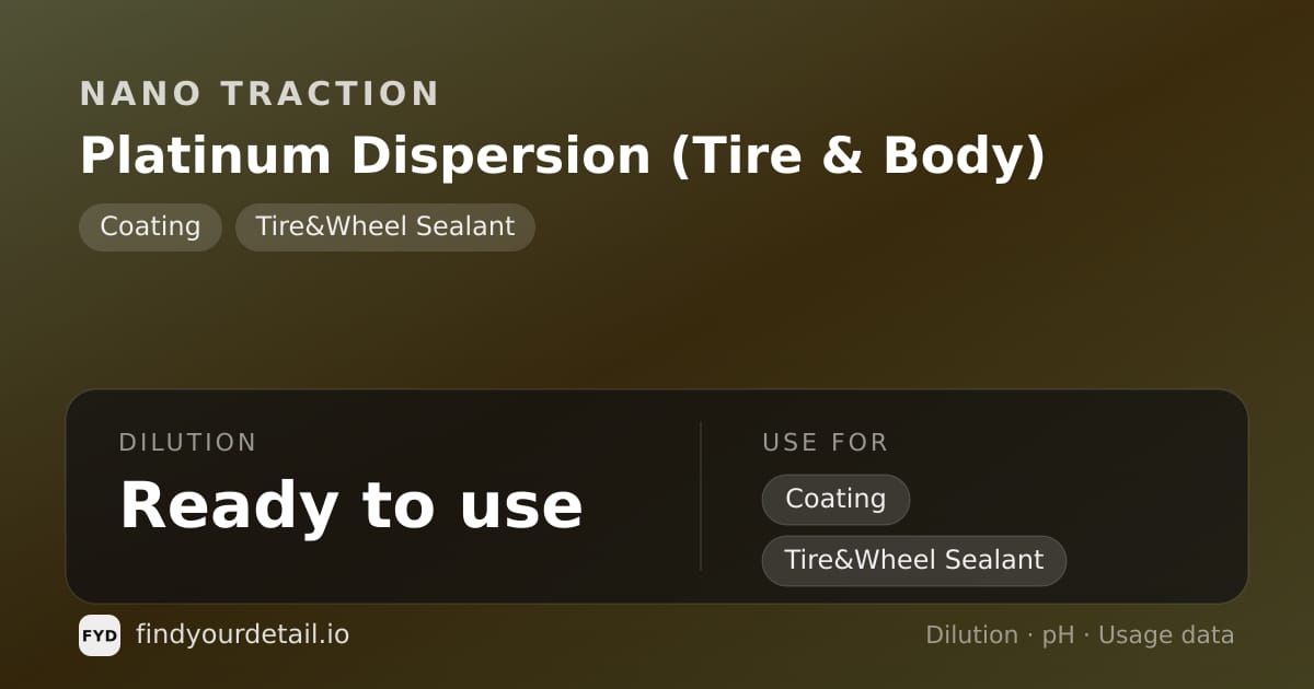 Nano Traction Platinum Dispersion (Tire & Body) dilution ratio and pH specification chart