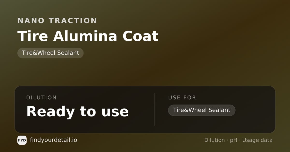 Nano Traction Tire Alumina Coat dilution ratio and pH specification chart