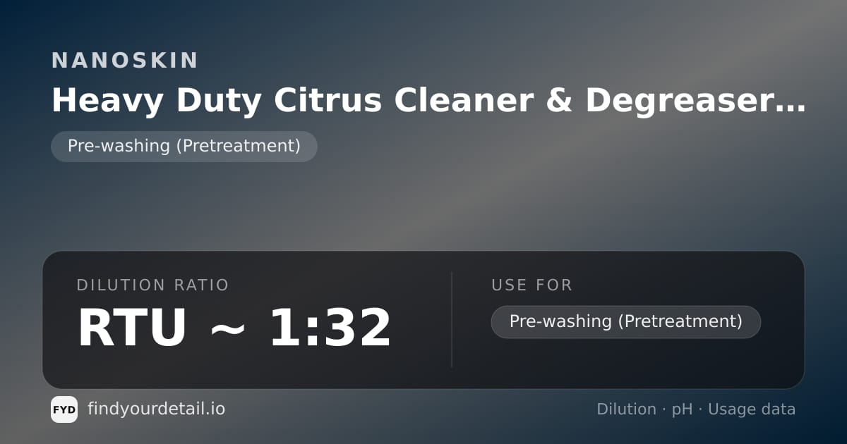 NANOSKIN Heavy Duty Citrus Cleaner & Degreaser Concentrate dilution ratio and pH specification chart