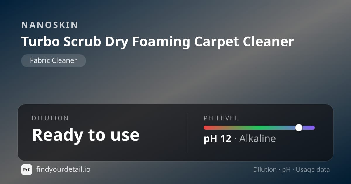 NANOSKIN Turbo Scrub Dry Foaming Carpet Cleaner dilution ratio and pH specification chart