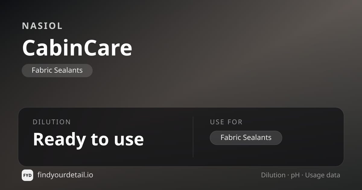 Nasiol CabinCare dilution ratio and pH specification chart