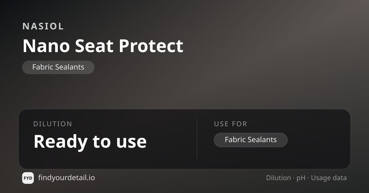 Nasiol Nano Seat Protect dilution ratio and pH specification chart