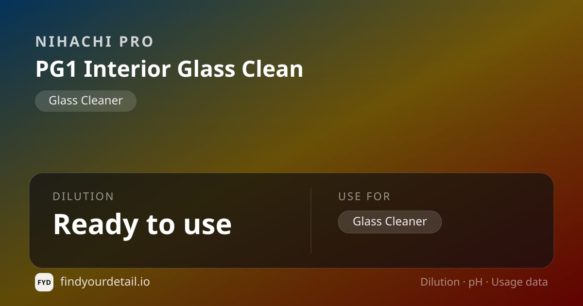 Nihachi Pro PG1 Interior Glass Clean dilution ratio and pH specification chart