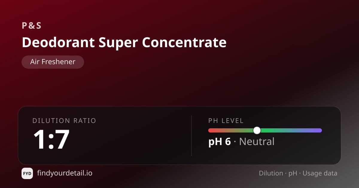 P&S Deodorant Super Concentrate dilution ratio and pH specification chart