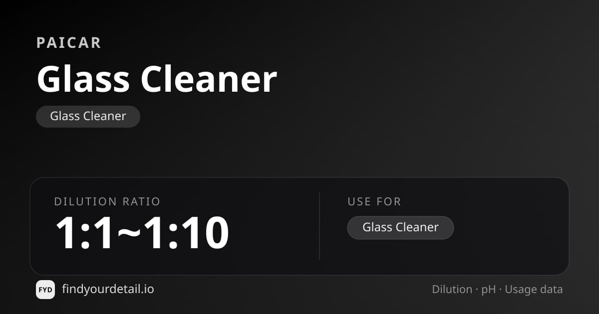 PAICAR Glass Cleaner dilution ratio and pH specification chart