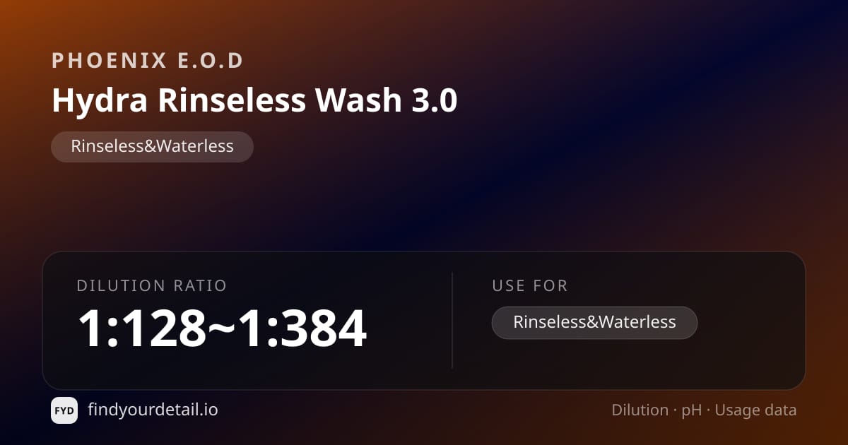Phoenix E.O.D Hydra Rinseless Wash 3.0 dilution ratio and pH specification chart