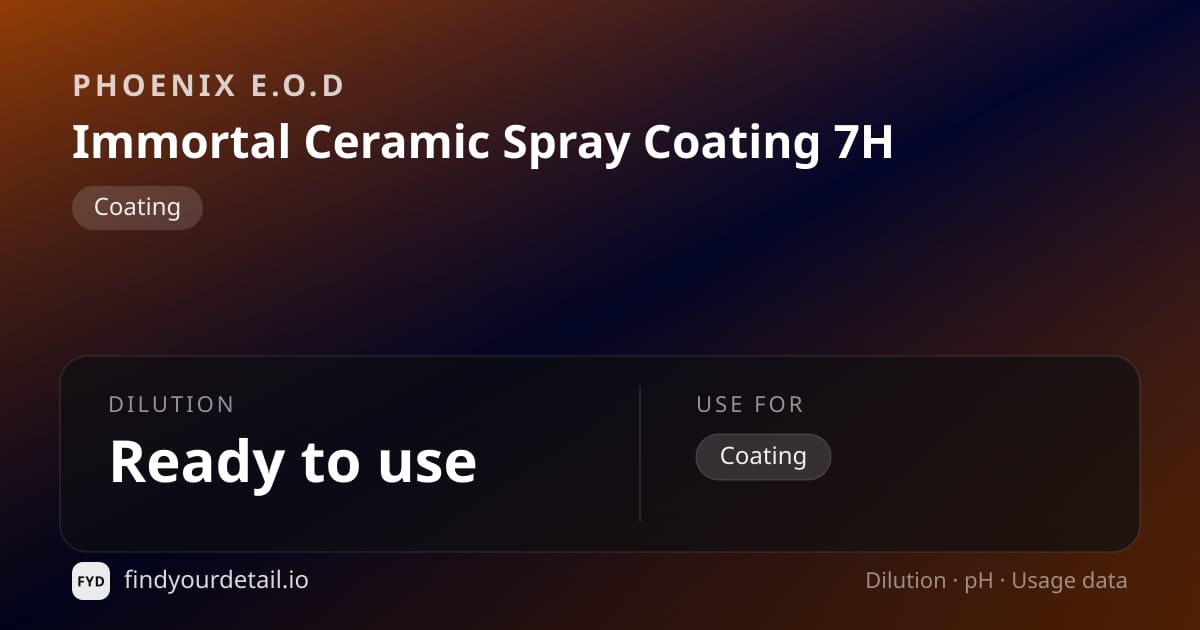 Phoenix E.O.D Immortal Ceramic Spray Coating 7H dilution ratio and pH specification chart
