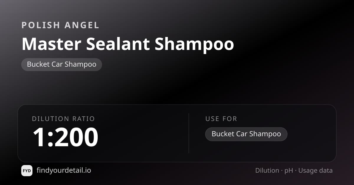Polish Angel Master Sealant Shampoo dilution ratio and pH specification chart