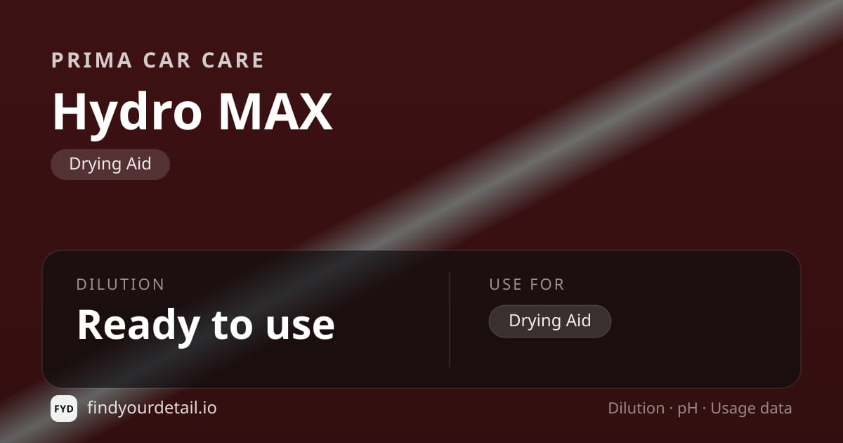 PRIMA Car Care Hydro MAX dilution ratio and pH specification chart