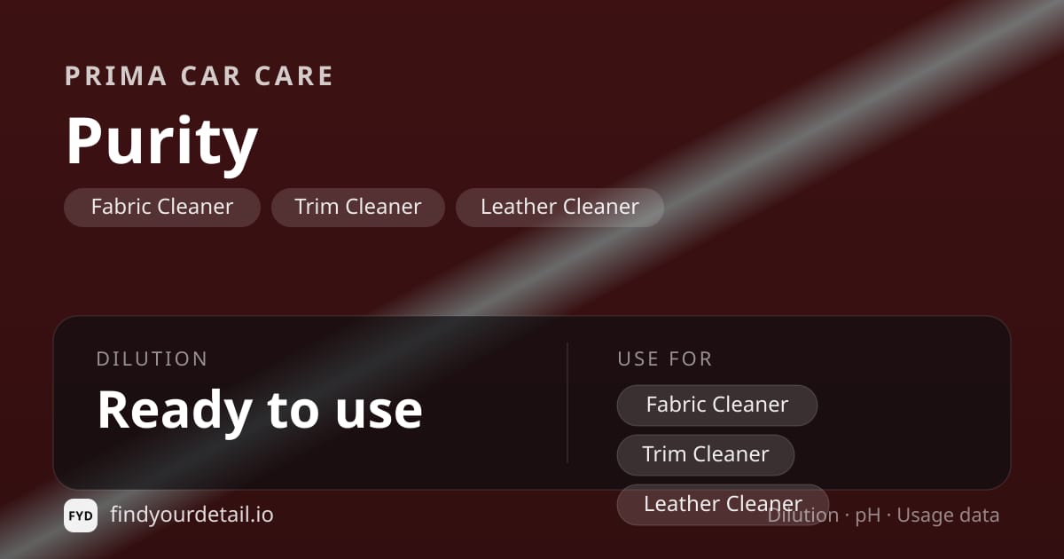 PRIMA Car Care Purity dilution ratio and pH specification chart