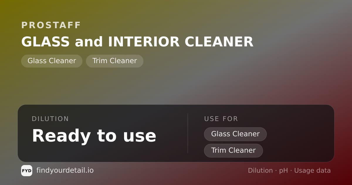 ProStaff GLASS and INTERIOR CLEANER dilution ratio and pH specification chart