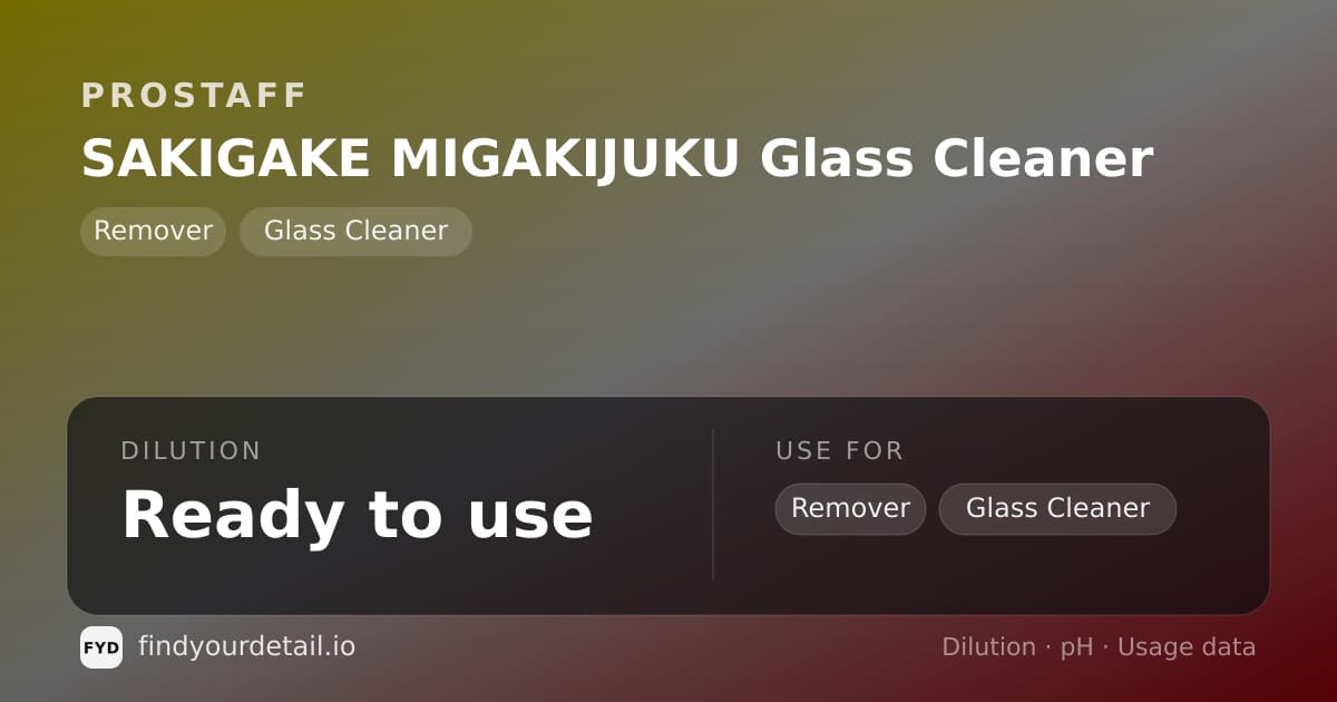 ProStaff SAKIGAKE MIGAKIJUKU Glass Cleaner dilution ratio and pH specification chart