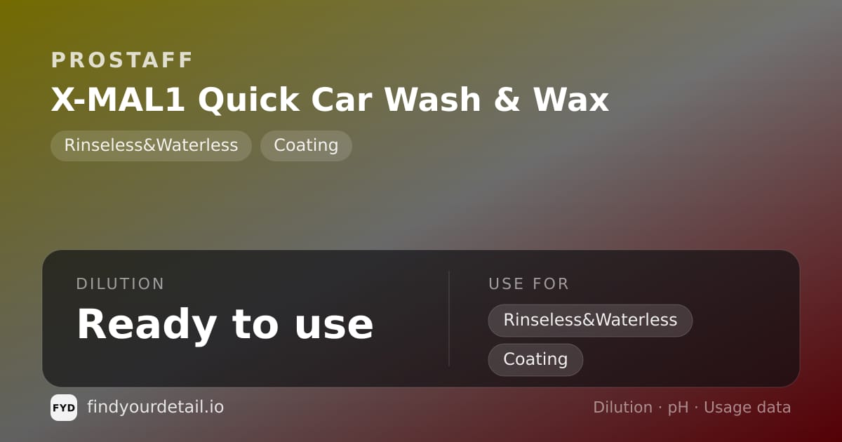 ProStaff X-MAL1 Quick Car Wash & Wax dilution ratio and pH specification chart