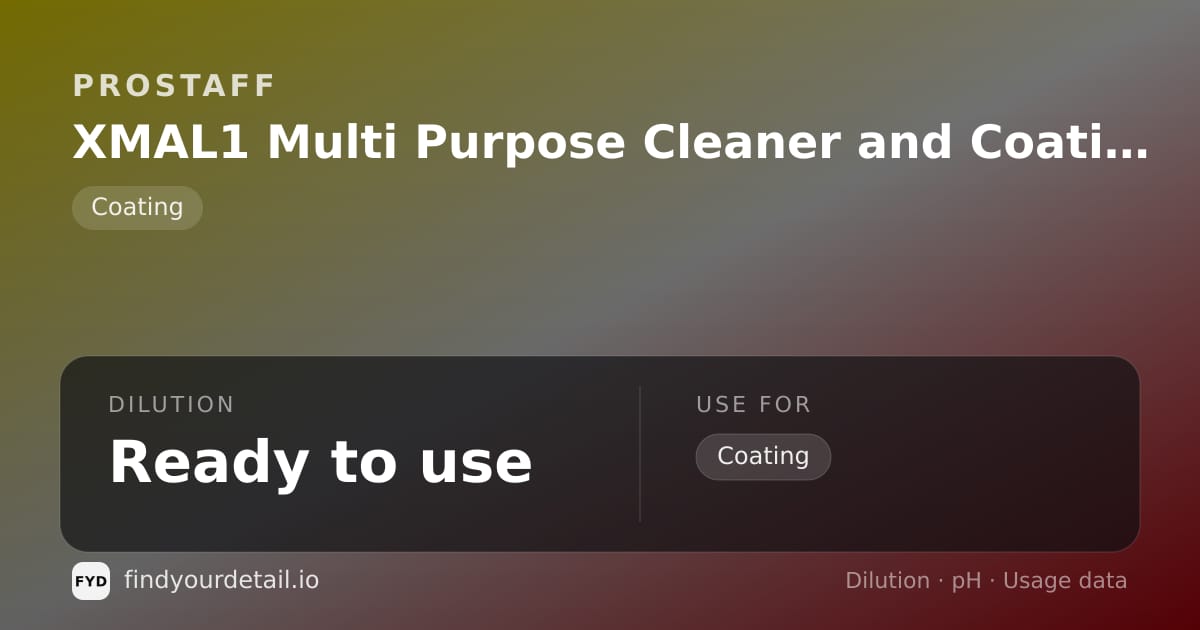 ProStaff XMAL1 Multi Purpose Cleaner and Coating dilution ratio and pH specification chart