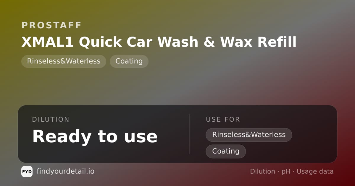 ProStaff XMAL1 Quick Car Wash & Wax Refill dilution ratio and pH specification chart