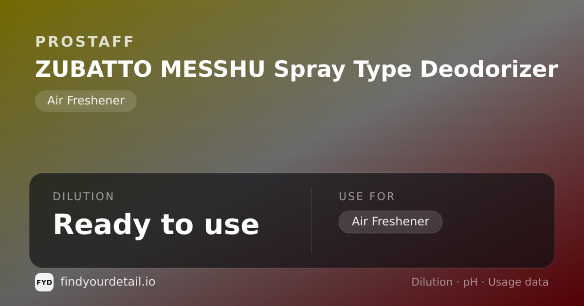 ProStaff ZUBATTO MESSHU Spray Type Deodorizer dilution ratio and pH specification chart