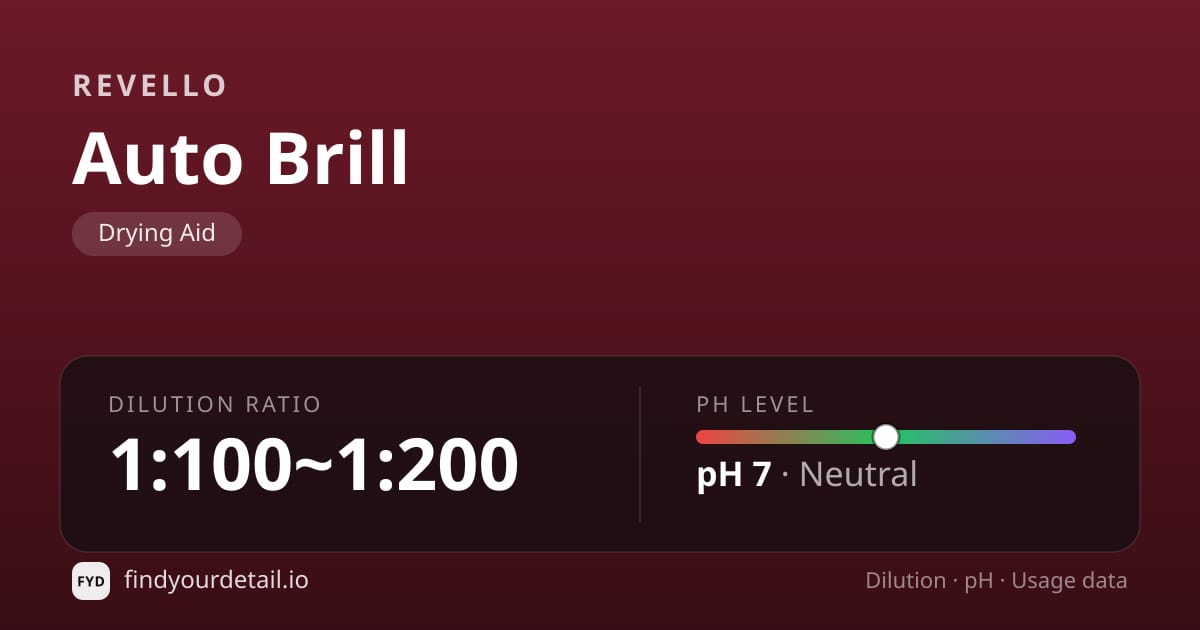 Revello Auto Brill dilution ratio and pH specification chart