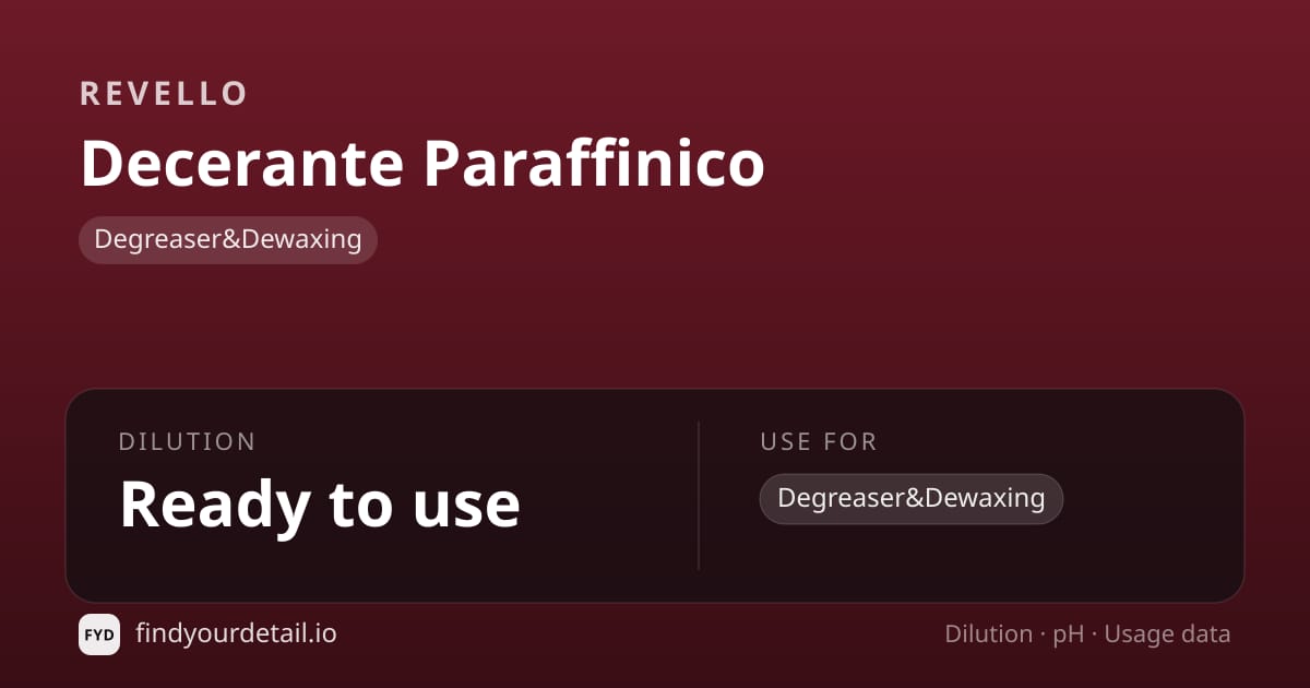Revello Decerante Paraffinico dilution ratio and pH specification chart