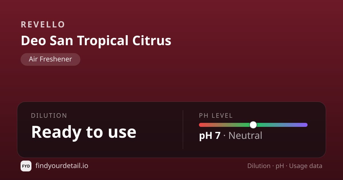 Revello Deo San Tropical Citrus dilution ratio and pH specification chart