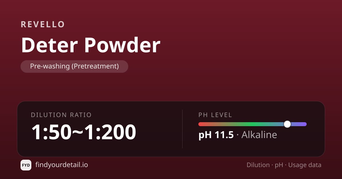 Revello Deter Powder dilution ratio and pH specification chart