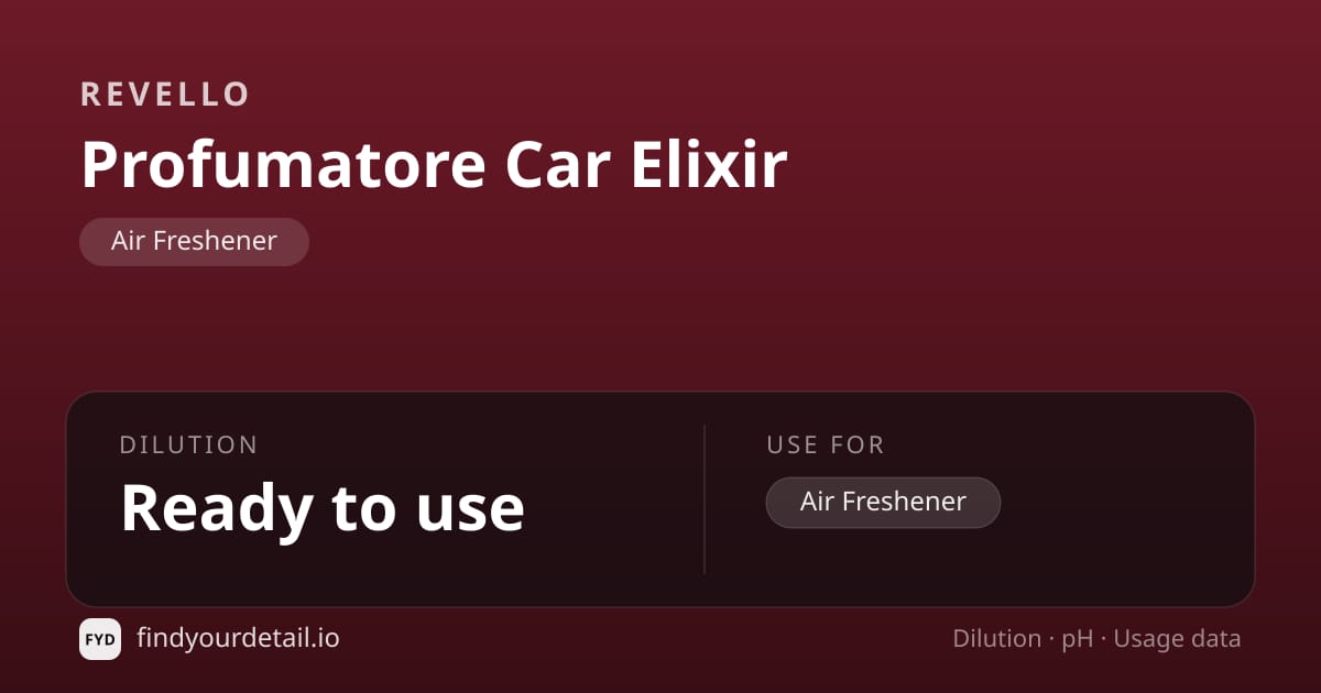 Revello Profumatore Car Elixir dilution ratio and pH specification chart
