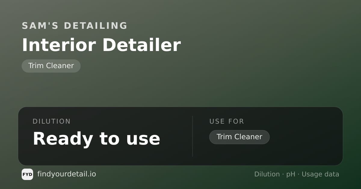 Sam's Detailing Interior Detailer dilution ratio and pH specification chart